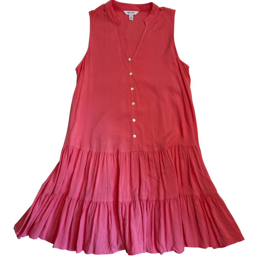 Nine West Coral‎ Pink Sleeveless Button Front Tiered Rayon Dress Women's Medium